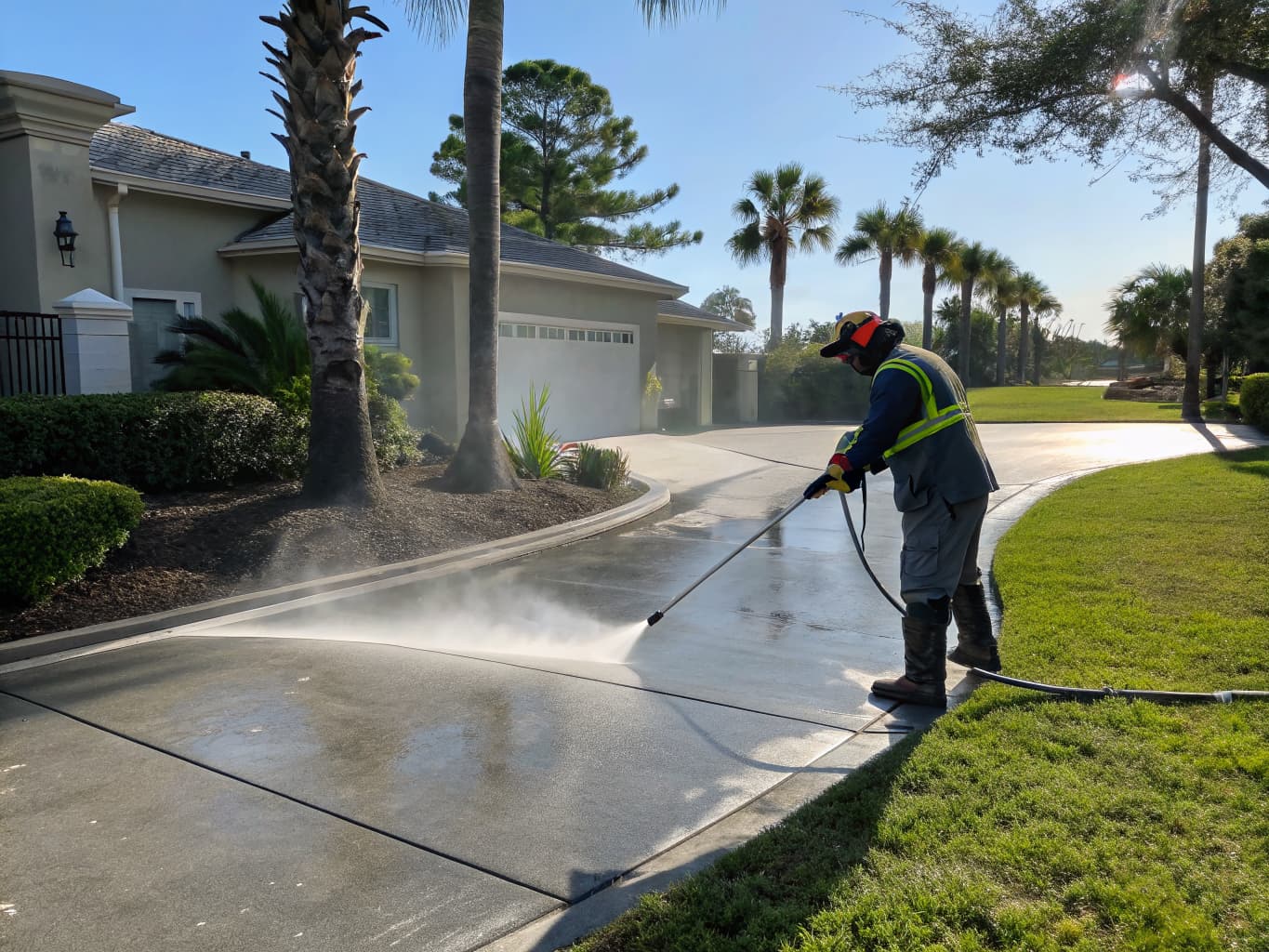 High-pressure washing cleaning a Florida home driveway and exterior